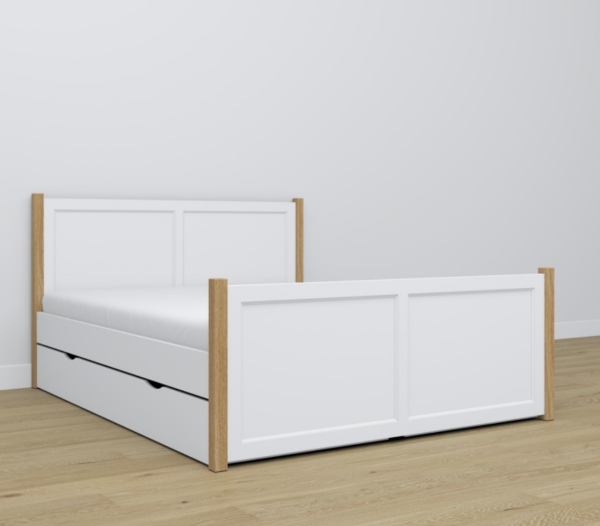 Doppelbett mit Schublladen, aus selektiertem Kiefern- und Eichenholz - artigo.at